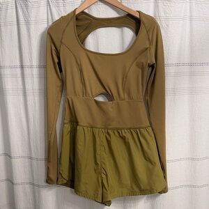 Free people righteous runsie Olive Green Long Sleeve Romper with Open Back